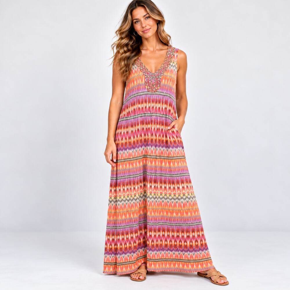 Sonoma Sleeveless Maxi Dress Women's Size XL Beaded Neckline Multicolor NWOT